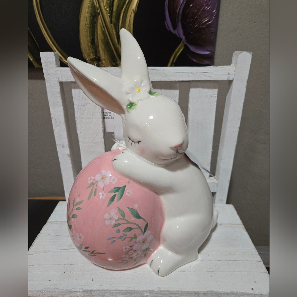 Bunny Hugging Pink Floral Egg Hello Spring Easter